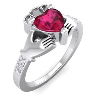 1 Carat Heart Shape Ruby and Diamond Claddagh Ring In 14 Karat White Gold