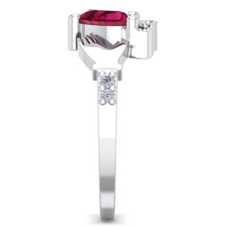 1 Carat Heart Shape Ruby and Diamond Claddagh Ring In 14 Karat White Gold