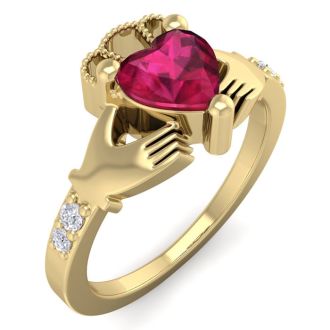 1 Carat Heart Shape Ruby and Diamond Claddagh Ring In 14 Karat Yellow Gold