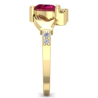 1 Carat Heart Shape Ruby and Diamond Claddagh Ring In 14 Karat Yellow Gold