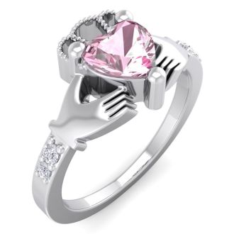 Pink Gemstones 1 Carat Heart Shape Pink Topaz and Diamond Claddagh Ring In 14 Karat White Gold