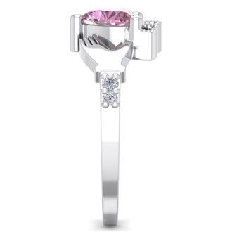 Pink Gemstones 1 Carat Heart Shape Pink Topaz and Diamond Claddagh Ring In 14 Karat White Gold