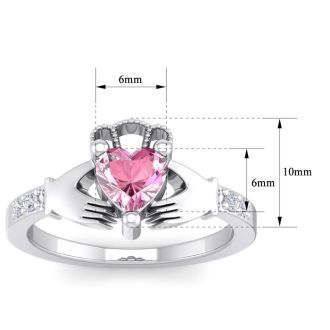 Pink Gemstones 1 Carat Heart Shape Pink Topaz and Diamond Claddagh Ring In 14 Karat White Gold