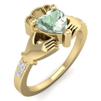 3/4 Carat Heart Shape Green Amethyst and Diamond Claddagh Ring In 14 Karat Yellow Gold