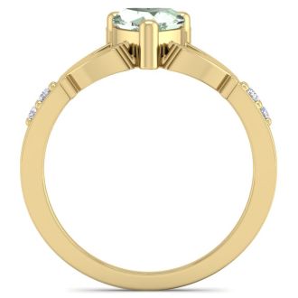 3/4 Carat Heart Shape Green Amethyst and Diamond Claddagh Ring In 14 Karat Yellow Gold
