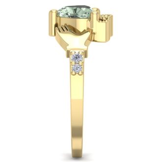 3/4 Carat Heart Shape Green Amethyst and Diamond Claddagh Ring In 14 Karat Yellow Gold