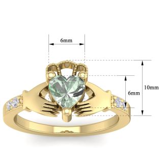 3/4 Carat Heart Shape Green Amethyst and Diamond Claddagh Ring In 14 Karat Yellow Gold
