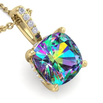 1-1/4 Carat Cushion Shape Mystic Topaz and Hidden Diamond Halo In 14 Karat Yellow Gold, 18 Inches