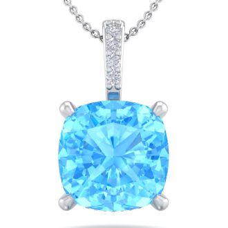 1 1/5 Carat Cushion Cut Blue Topaz and Hidden Halo Diamond Necklace In 14 Karat White Gold, 18 Inches