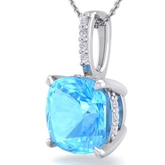 1 1/5 Carat Cushion Cut Blue Topaz and Hidden Halo Diamond Necklace In 14 Karat White Gold, 18 Inches