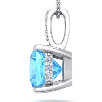1 1/5 Carat Cushion Cut Blue Topaz and Hidden Halo Diamond Necklace In 14 Karat White Gold, 18 Inches