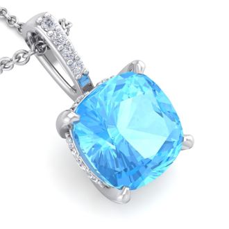1 1/5 Carat Cushion Cut Blue Topaz and Hidden Halo Diamond Necklace In 14 Karat White Gold, 18 Inches