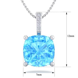 1 1/5 Carat Cushion Cut Blue Topaz and Hidden Halo Diamond Necklace In 14 Karat White Gold, 18 Inches