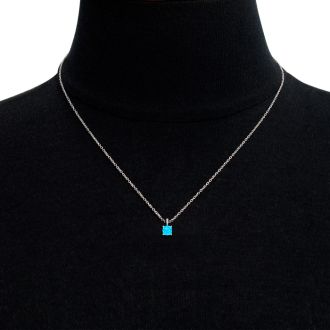 1 1/5 Carat Cushion Cut Blue Topaz and Hidden Halo Diamond Necklace In 14 Karat White Gold, 18 Inches