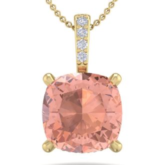 1 Carat Cushion Shape Morganite Necklace With Hidden Diamond Halo In 14 Karat Yellow Gold With 18 Inch Chain