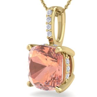 1 Carat Cushion Shape Morganite Necklace With Hidden Diamond Halo In 14 Karat Yellow Gold With 18 Inch Chain