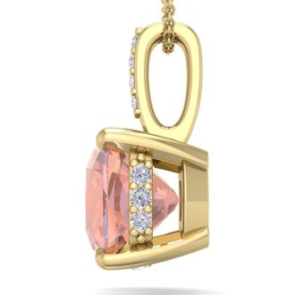 1 Carat Cushion Shape Morganite Necklace With Hidden Diamond Halo In 14 Karat Yellow Gold With 18 Inch Chain