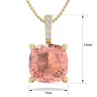 1 Carat Cushion Shape Morganite Necklace With Hidden Diamond Halo In 14 Karat Yellow Gold With 18 Inch Chain