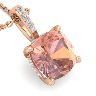 1 Carat Cushion Shape Morganite Necklace With Hidden Diamond Halo In 14 Karat Rose Gold With 18 Inch Chain