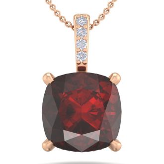 Garnet Necklace: Garnet Jewelry: 1 1/10 Carat Cushion Cut Garnet and Hidden Halo Diamond Necklace In 14 Karat Rose Gold, 18 Inches