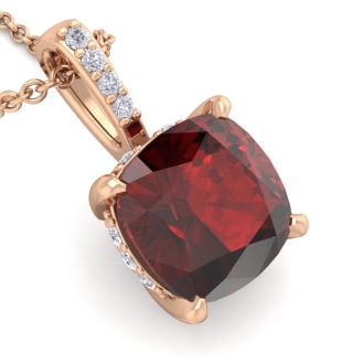 Garnet Necklace: Garnet Jewelry: 1 1/10 Carat Cushion Cut Garnet and Hidden Halo Diamond Necklace In 14 Karat Rose Gold, 18 Inches