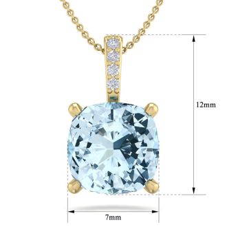 Aquamarine Necklace: Aquamarine Jewelry: 3/4 Carat Cushion Cut Aquamarine and Hidden Halo Diamond Necklace In 14 Karat Yellow Gold, 18 Inches