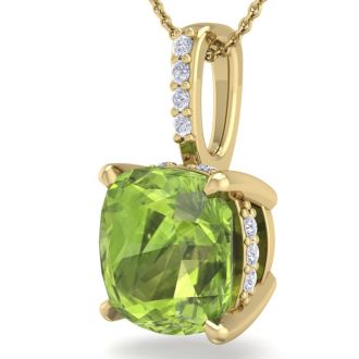 1 1/10 Carat Cushion Cut Peridot and Hidden Halo Diamond Necklace In 14 Karat Yellow Gold, 18 Inches