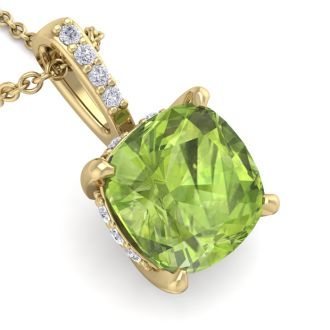 1 1/10 Carat Cushion Cut Peridot and Hidden Halo Diamond Necklace In 14 Karat Yellow Gold, 18 Inches