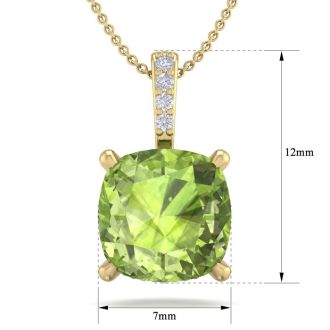 1 1/10 Carat Cushion Cut Peridot and Hidden Halo Diamond Necklace In 14 Karat Yellow Gold, 18 Inches