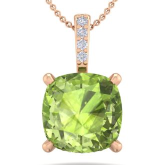 1 1/10 Carat Cushion Cut Peridot and Hidden Halo Diamond Necklace In 14 Karat Rose Gold, 18 Inches