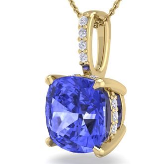1 Carat Cushion Cut Tanzanite and Hidden Halo Diamond Necklace In 14 Karat Yellow Gold, 18 Inches