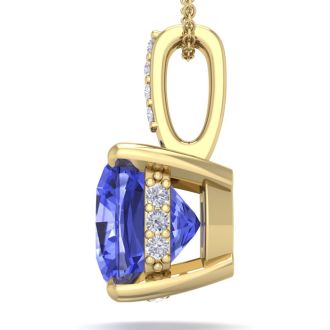 1 Carat Cushion Cut Tanzanite and Hidden Halo Diamond Necklace In 14 Karat Yellow Gold, 18 Inches