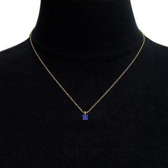 1 Carat Cushion Cut Tanzanite and Hidden Halo Diamond Necklace In 14 Karat Yellow Gold, 18 Inches