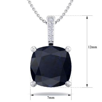 1 1/10 Carat Cushion Cut Sapphire and Hidden Halo Diamond Necklace In 14 Karat White Gold, 18 Inches