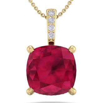 1 1/2 Carat Cushion Cut Ruby and Hidden Halo Diamond Necklace In 14 Karat Yellow Gold, 18 Inches