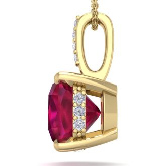 1 1/2 Carat Cushion Cut Ruby and Hidden Halo Diamond Necklace In 14 Karat Yellow Gold, 18 Inches
