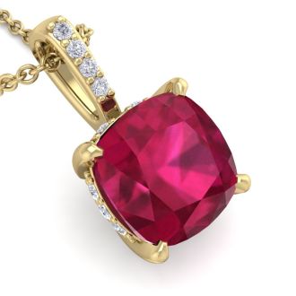 1 1/2 Carat Cushion Cut Ruby and Hidden Halo Diamond Necklace In 14 Karat Yellow Gold, 18 Inches