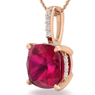 1 1/2 Carat Cushion Cut Ruby and Hidden Halo Diamond Necklace In 14 Karat Rose Gold, 18 Inches