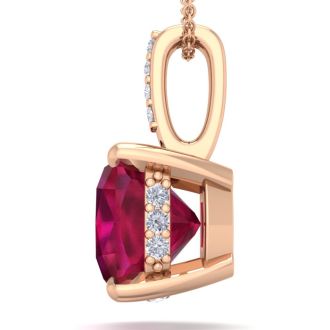 1 1/2 Carat Cushion Cut Ruby and Hidden Halo Diamond Necklace In 14 Karat Rose Gold, 18 Inches