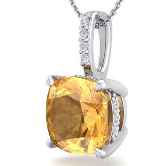 1 Carat Cushion Cut Citrine and Hidden Halo Diamond Necklace In 14 Karat White Gold, 18 Inches