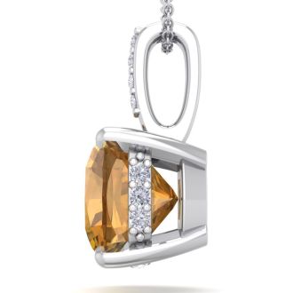 1 Carat Cushion Cut Citrine and Hidden Halo Diamond Necklace In 14 Karat White Gold, 18 Inches