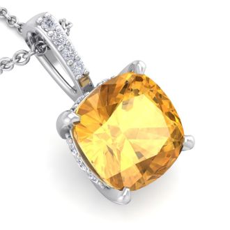 1 Carat Cushion Cut Citrine and Hidden Halo Diamond Necklace In 14 Karat White Gold, 18 Inches