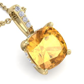1 Carat Cushion Cut Citrine and Hidden Halo Diamond Necklace In 14 Karat Yellow Gold, 18 Inches