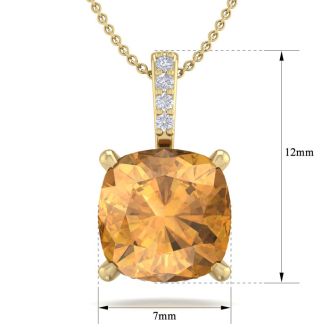 1 Carat Cushion Cut Citrine and Hidden Halo Diamond Necklace In 14 Karat Yellow Gold, 18 Inches