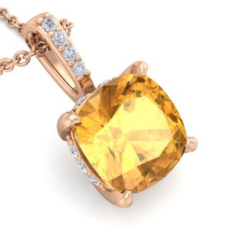 1 Carat Cushion Cut Citrine and Hidden Halo Diamond Necklace In 14 Karat Rose Gold, 18 Inches
