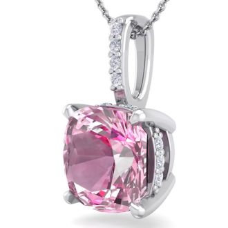 Pink Gemstones 1 1/5 Carat Cushion Cut Pink Topaz and Hidden Halo Diamond Necklace In 14 Karat White Gold, 18 Inches