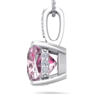 Pink Gemstones 1 1/5 Carat Cushion Cut Pink Topaz and Hidden Halo Diamond Necklace In 14 Karat White Gold, 18 Inches