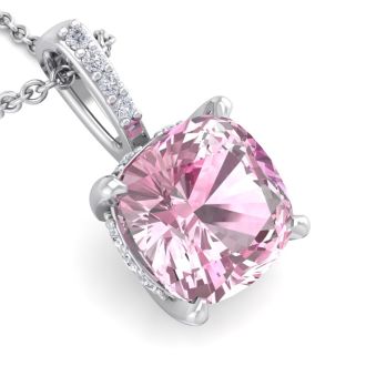 Pink Gemstones 1 1/5 Carat Cushion Cut Pink Topaz and Hidden Halo Diamond Necklace In 14 Karat White Gold, 18 Inches