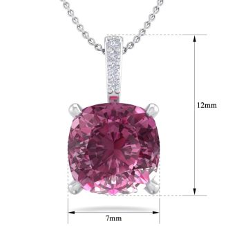 Pink Gemstones 1 1/5 Carat Cushion Cut Pink Topaz and Hidden Halo Diamond Necklace In 14 Karat White Gold, 18 Inches