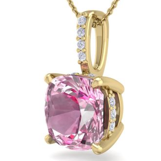 Pink Gemstones 1 1/5 Carat Cushion Cut Pink Topaz and Hidden Halo Diamond Necklace In 14 Karat Yellow Gold, 18 Inches